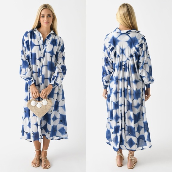 V De Vinster Cramp Tie Dye Dress Indigo/White Button-Down Placket - Picture 1 of 15